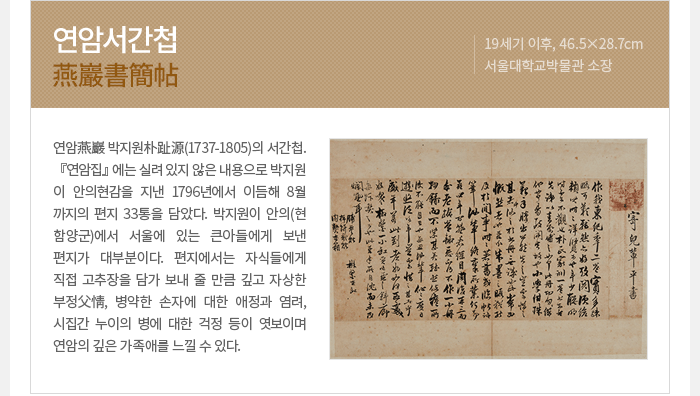 연암서간첩 燕巖書簡帖 19세기 이후, 46.5×28.7cm 서울대학교박물관 소장 연암燕巖 박지원朴趾源(1737-1805)의 서간첩. 『연암집』에는 실려 있지 않은 내용으로 박지원이 안의현감을 지낸 1796년에서 이듬해 8월까지의 편지 33통을 담았다. 박지원이 안의(현 함양군)에서 서울에 있는 큰아들에게 보낸 편지가 대부분이다. 편지에서는 자식들에게 직접 고추장을 담가 보내 줄 만큼 깊고 자상한 부정父情, 병약한 손자에 대한 애정과 염려, 시집간 누이의 병에 대한 걱정 등이 엿보이며 연암의 깊은 가족애를 느낄 수 있다.