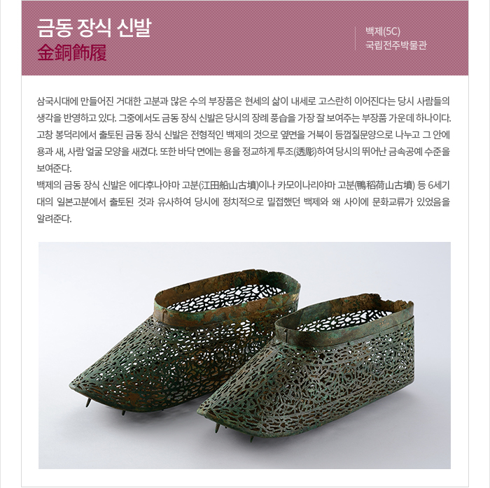 [명칭] 금동 장식 신발 [한자] 金銅飾履 [영어] Gilt-bronze Decorated Shoes [시대] 마한·백제(5C) [소장처] 국립전주박물관 [유물소개] 삼국시대에 만들어진 거대한 고분과 많은 수의 부장품은 현세의 삶이 내세로 고스란히 이어진다는 당시 사람들의 생각을 반영하고 있다. 그중에서도 금동장식신발은 당시의 장례 풍습을 가장 잘 보여주는 부장품 가운데 하나이다. 고창 봉덕리에서 출토된 금동장식신발은 전형적인 백제 금동장식신발로 옆면을 거북이 등껍질문양으로 나누고 그 안에 용과 새, 사람 얼굴 모양을 새겼다. 또한 바닥 면에는 용을 정교하게 투조(透彫)하여 당시의 뛰어난 금속공예 수준을 보여준다. 백제의 금동장식신발은 에다후나야마 고분(江田船山古墳)이나 카모이나리야마 고분(鴨稻荷山古墳) 등 6세기 대의 일본고분에서 출토된 것과 유사하여 당시에 정치적으로 밀접했던 백제와 왜 사이에 문화교류가 있었음을 알 수 있다. 
