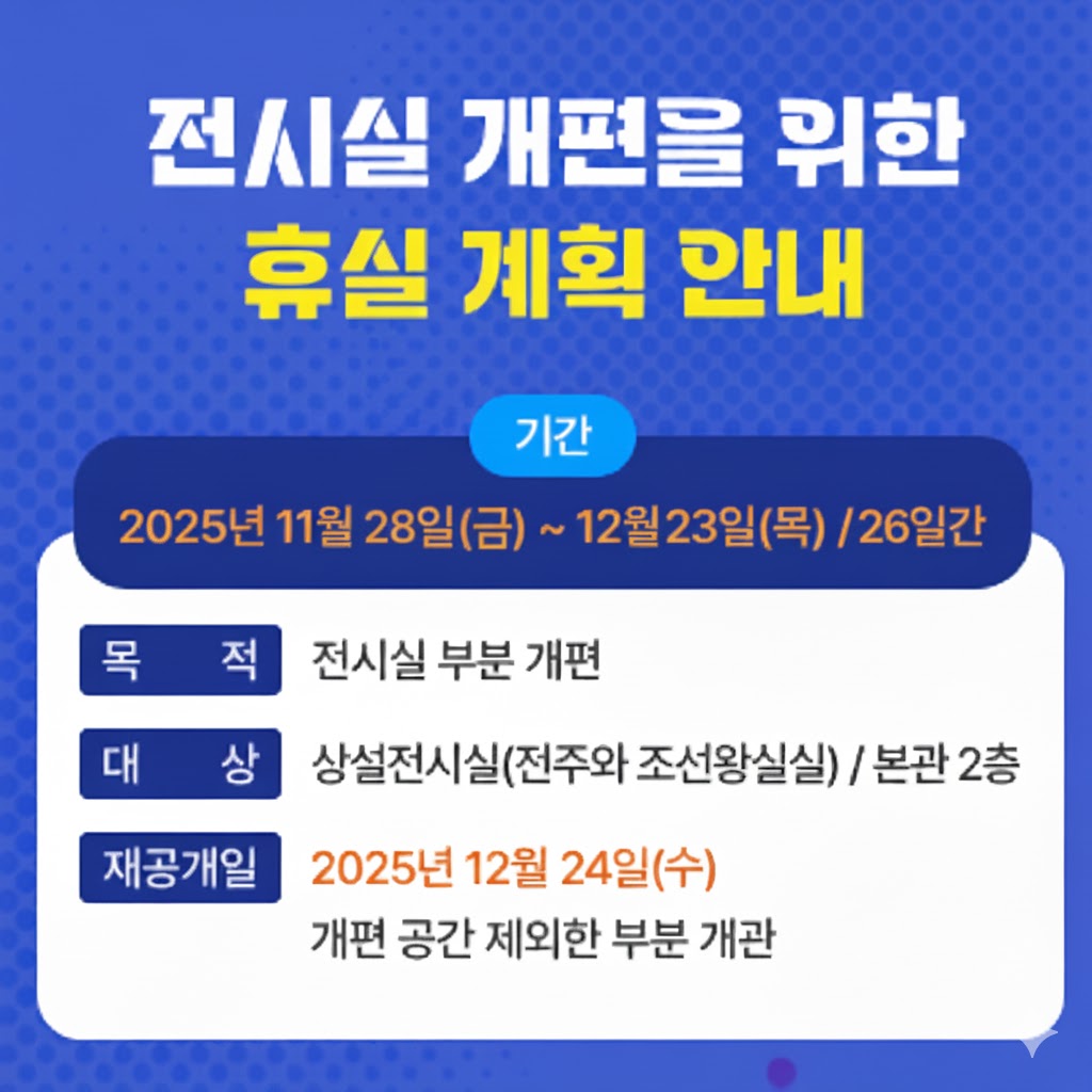 제목 : 전시실 개편을 위한 휴실 계획 안내기간 : 2025년 11월 28일(금) ~ 12월 18일(목) / 21일간목적 : 전시실 부분 개편대상 : 상설전시실(전주와 조선왕실실) / 본관 2층재공개일 : 2025년 12월 19일(금) / 개편 공간 제외한 부분 개관
