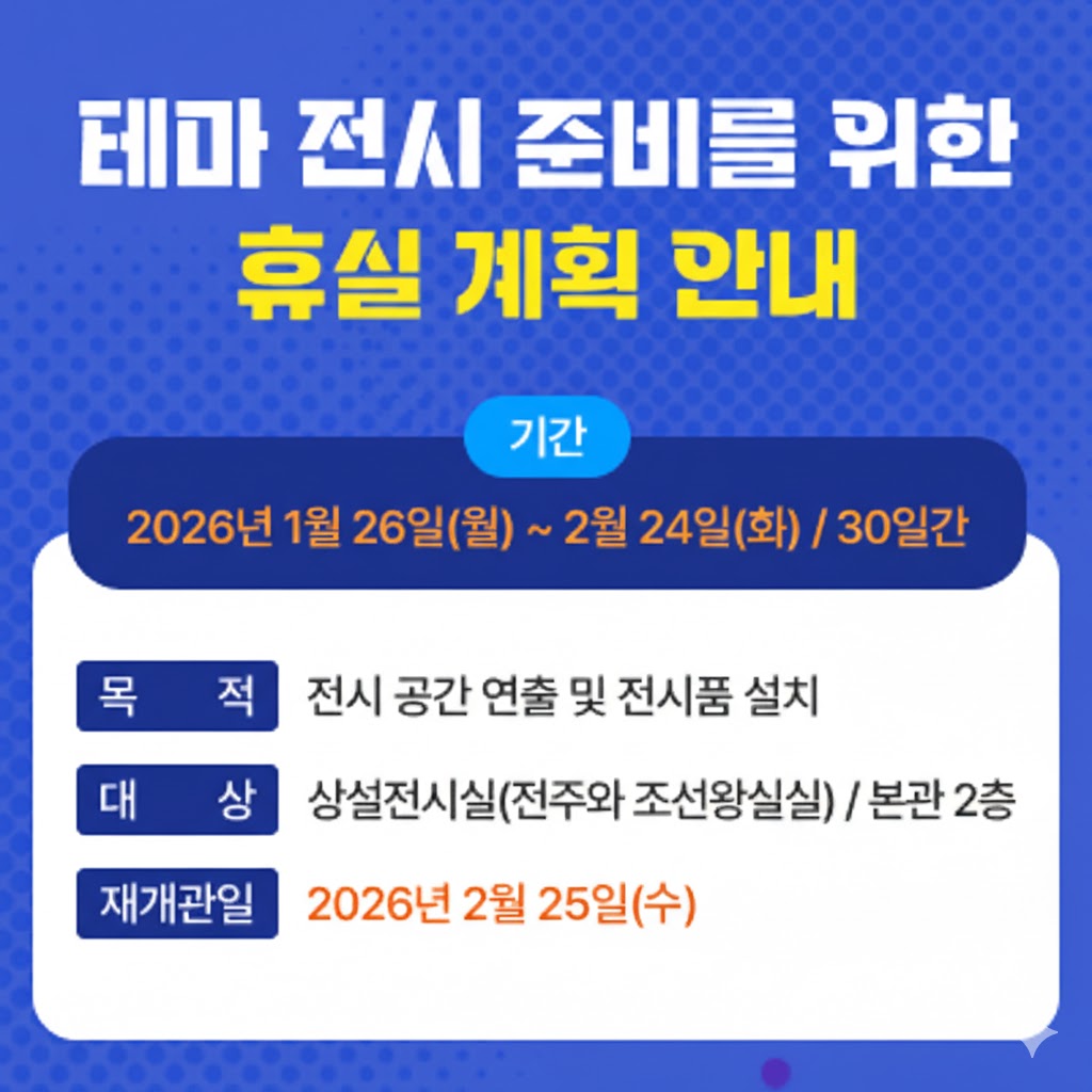 제목 : 테마 전시 준비를 위한 휴실 계획 안내기간 : 2026년 1월 26일(월) ~ 2월 23일(월) / 29일간 목적 : 전시 공간 연출 및 전시품 설치대상 : 상설전시실(전주와 조선왕실실) / 본관 2층재개관일 : 2026년 2월 24일(화)